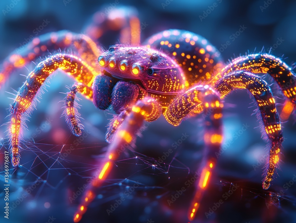Aufkleber cybernetic spider: a futuristic arachnid with glowing circuits and a web of data in a neon-infused d