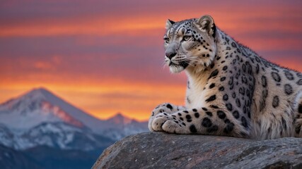 Obraz premium Snow Leopard Relaxing on Rock with Mountain View at Sunset