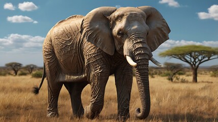Fototapeta premium Full 3D sculpt of an elephant walking across an African savanna, intricate wrinkles on skin, lifelike eyesFull 3D sculpt of an elephant walking across an African savanna, intricate wrinkles on skin, l
