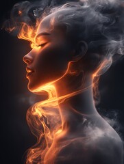 Serene woman engulfed in smoky, fiery aura.