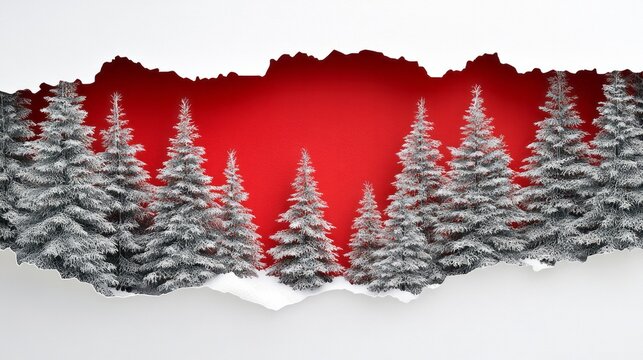 Snow covered pine trees seen through torn white paper