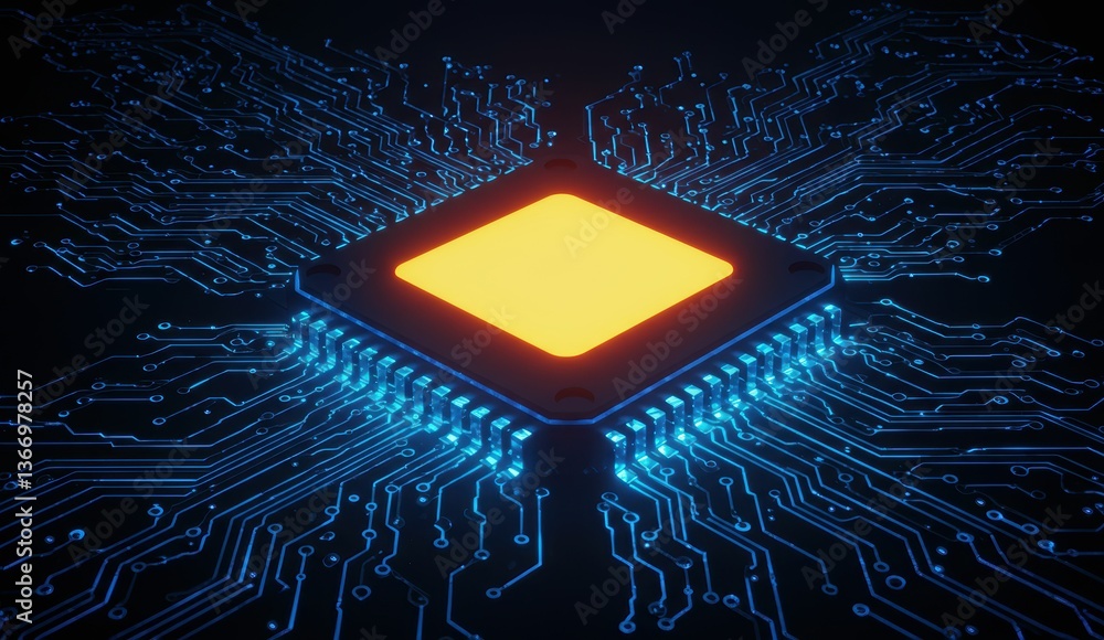 Poster microchip with circuits on a dark background emitting blue light. represents technology and innovati