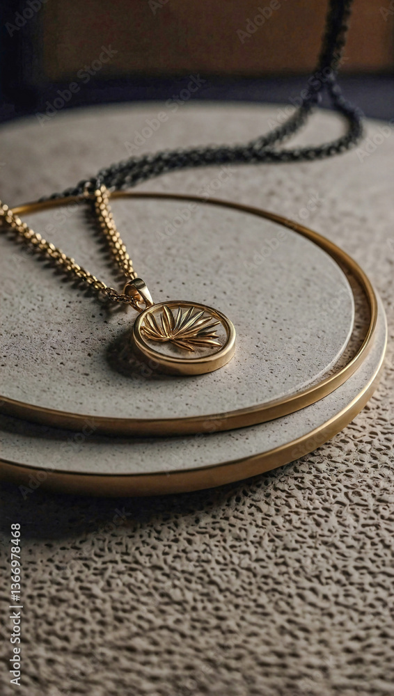 Poster elegant circular pendant on a chain resting on a textured surface, exuding sophistication.modern int