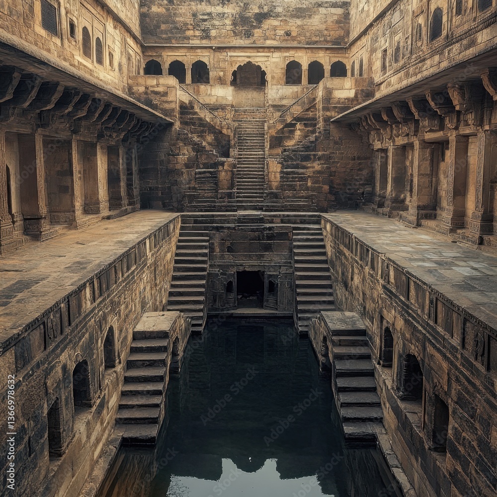 Poster a large, empty building with a large pool of water in the middle