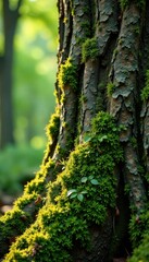 Obraz premium Moss and lichen covered tree trunk, forest, wood
