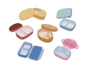 A hand drawn illustration of an open, empty lunch box, for food-related designs, meal prep visuals, restaurant menus, and packaging concepts.