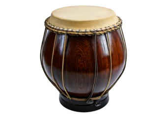 Damaru drum percussion instrument with a handle isolated on transparent or white background