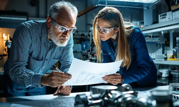 Two engineers examining technical blueprints in a modern lab, showcasing teamwork and innovation