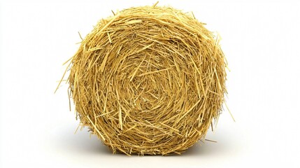 Golden round bale of hay, isolated on white, showcasing texture and form, agricultural harvest