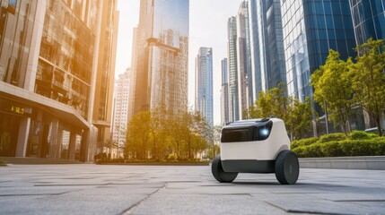 Autonomous robot delivering packages in a city, urban street with clean sidewalks, Futuristic style