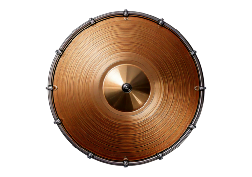 Drum plate, drum set on a white background, musical cymbals top view isolated on transparent or white background