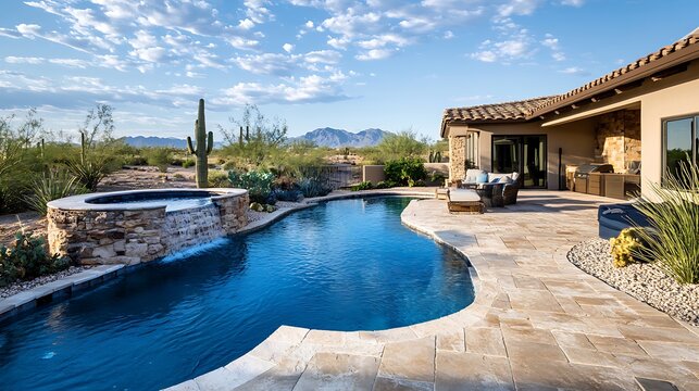 a pool with chairs and a house in the background