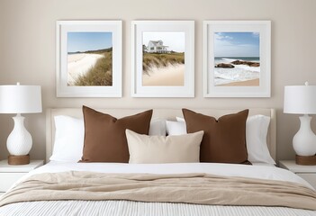 Coastal Beach House Triptych Prints Above Bed