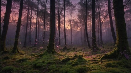 Fototapeta premium Tranquil Forest Scene with Mossy Ground and Faint Sunset Glow