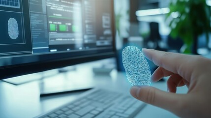 Biometric authentication system scanning a fingerprint, secure office setting with a modern computer, High-tech style