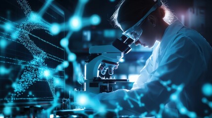 Obraz premium Biotech researcher using a robotic microscope for DNA analysis, glowing molecular models on a transparent screen, futuristic genetics lab