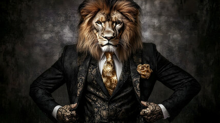 Digital Composite Photo of Lion Head and Man Wearing Black Suit With Golden Tie