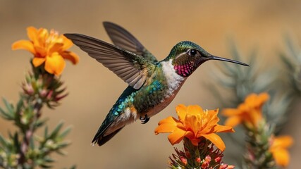 Obraz premium Hummingbird Flying Near Bright Orange Flowers in a Natural Setting
