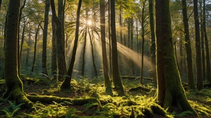 Sunlight Streaming Through Dense Woodland Scene with Ferns and Trees