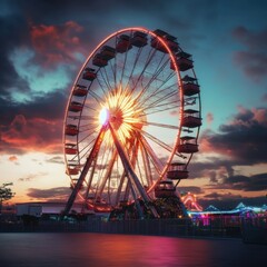 A large Ferris wheel is lit up in the evening sky