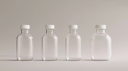 Four glass bottles arranged neatly in a row with white caps