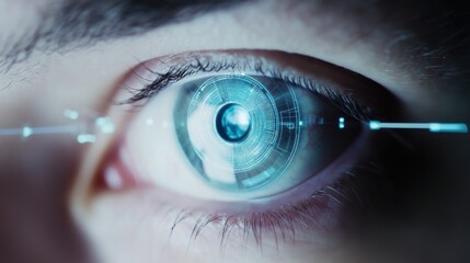 Cybernetic engineer testing a bionic eye prototype, ultra-modern research lab with augmented reality overlays, high-tech biomedical innovation