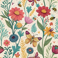 Seamless Floral Patterns with Bees and Butterflies Nature Digital Art Vibrant Colors Top View