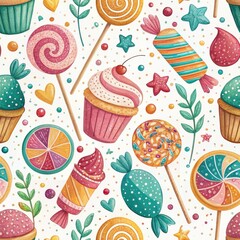 Seamless Whimsical Patterns Aerial View of Colorful Sweet Treats in Culinary Art