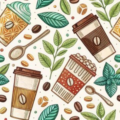 Seamless Beverage Patterns Cafe Digital Art Colorful Top View Design Inspiration