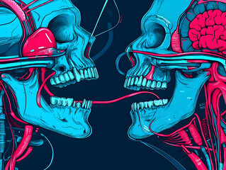 Artistic Illustration of Anatomical Skulls in Blue and Pink Tones