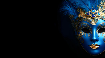 Naklejka premium Blue And Gold Venetian Mask Illustration With Feathers On Black Background