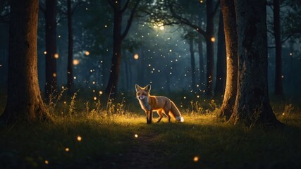 Fox Standing in Forest Clearing with Mysterious Glowing Lights