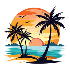 Tropical beach with palm trees and sunset sky