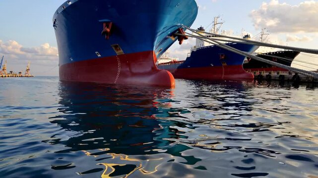 Massive cargo ship docking in port at golden hour with reflective water surface