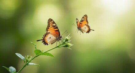 Two Butterflies on Green Plant in Nature