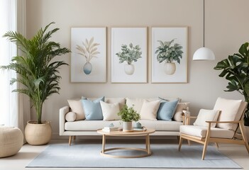 Modern Living Room Interior with Beige Sofa, Plants, and Artwork