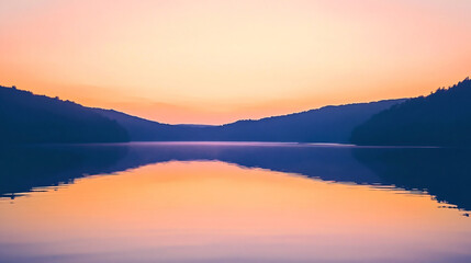 Obraz premium Serene lake with majestic mountains in the background capturing the tranquility of nature and the beauty of a peaceful landscape at sunset.