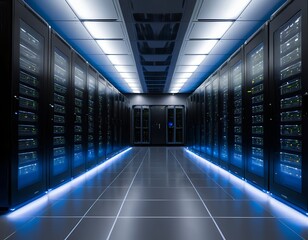 Fototapeta premium Modern Data Center Server Room with Blue LED Lighting