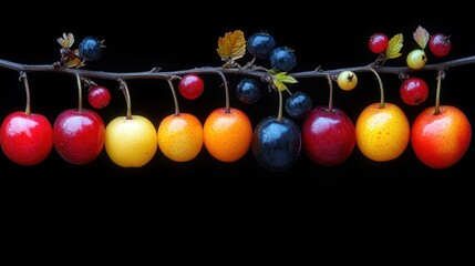 Naklejka premium Colorful Berries Line up on Branch Against Black Background