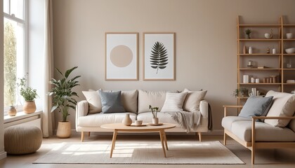 Fototapeta premium Modern Beige Living Room Interior with Natural Decor