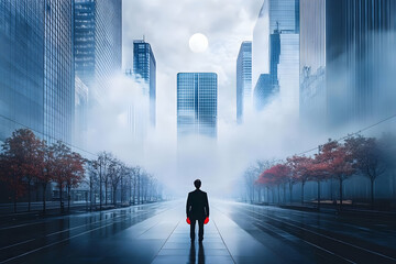 Obraz premium Digital Art of a Man Walking Through a Misty City Street at Night