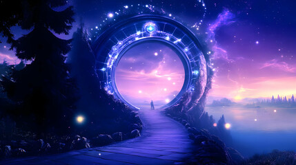 Fototapeta premium Digital Illustration Of Man Walking Through a Glowing Portal Into the Universe