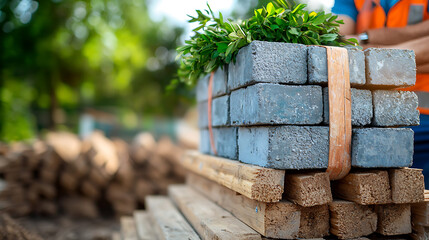 Naklejka premium Sustainable construction innovation green concrete blocks infused with recycled materials outdoor urban setting product showcase eco-friendly concept