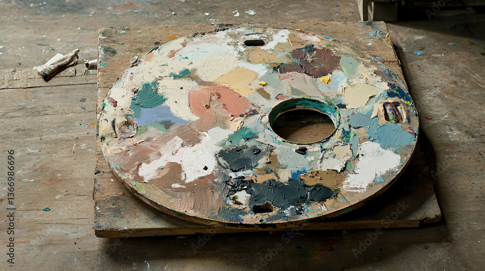 Poster colorful paint palette on a rustic wooden table with blurred boundaries of mixed paints showcasing t