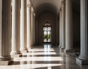 Fototapeta premium Sunlit Marble Colonnade with Classical Columns and Doorway