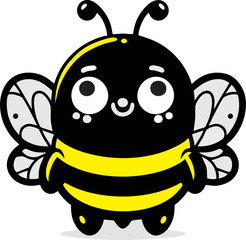 Adorable Cartoon Bumblebee Ilustration, A charming and cute cartoon bumblebee with a round body, big expressive eyes, and a cheerful smile. The bee features classic black and yellow stripes