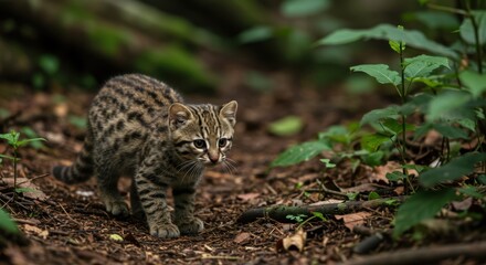 Adorable Rusty Spotted Cat Kitten in Forest