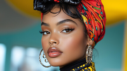 Naklejka premium Avantgarde fashion model poses in designer wear urban setting lifestyle photography bright colors close-up perspective stylish expression