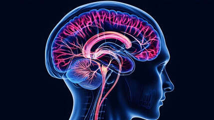 Obraz premium Digital Illustration Of Human Brain Profile Illuminated In Blue And Pink