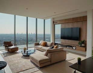 Modern urban apartment interior with sleek design, large windows, and city skyline views, showcasing minimalist furniture and neutral tones, highlighting the latest trends in luxury real estate.